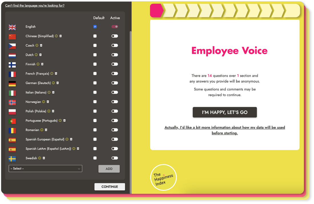 Platform screenshot showing the language selector and the employee voice survey
